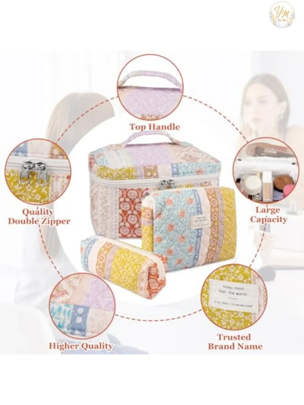 Quilted Makeup Bag Set Large Cotton Cosmetic Organizer with Gold-Plated Zippers